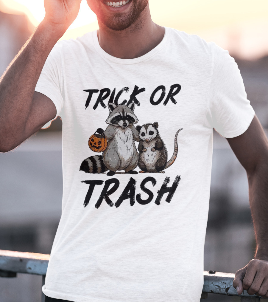 Trick Or Trash Halloween Raccoon With Pumpkin T-Shirt