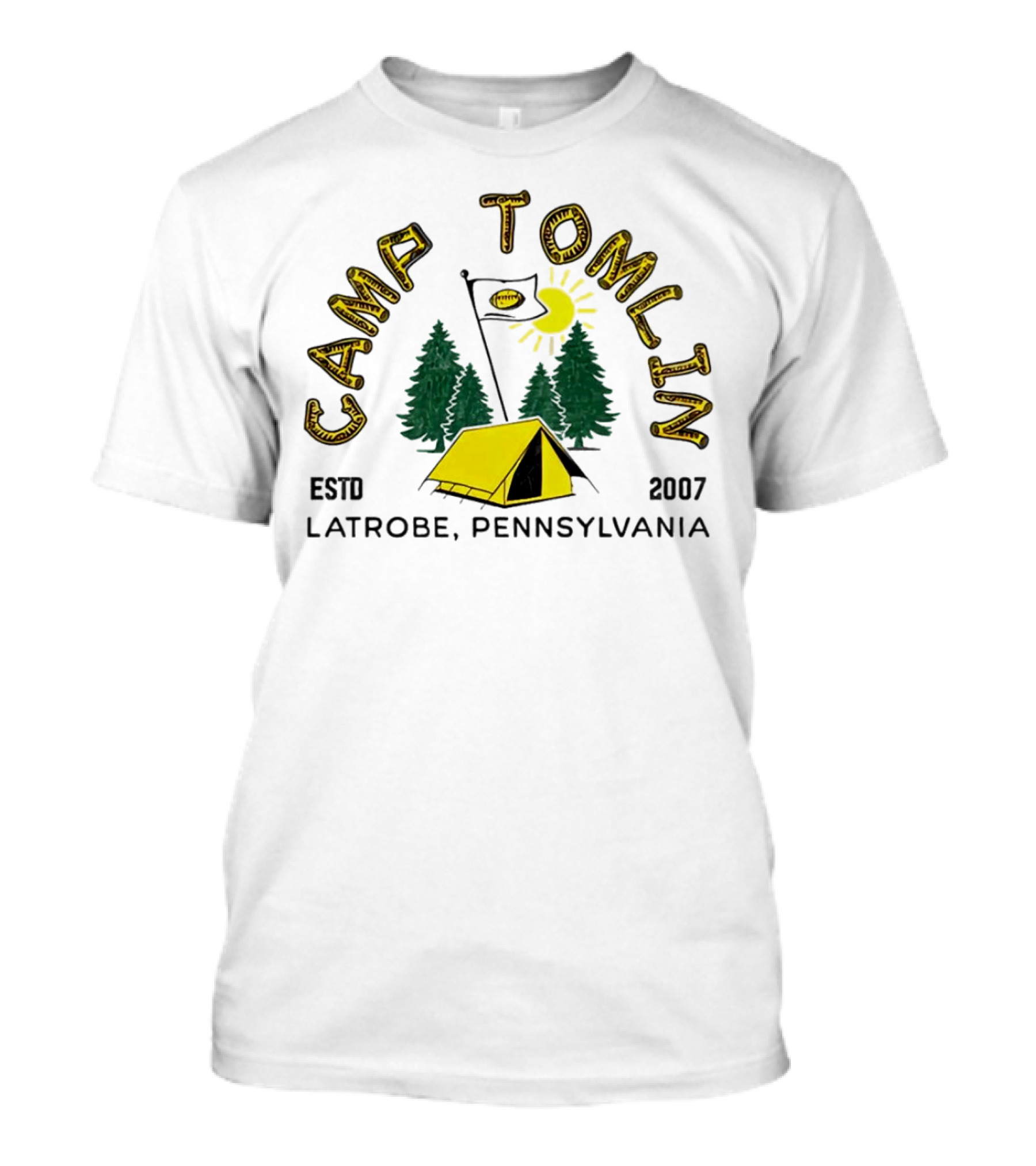Camp Tomlin Established 2007 Latrobe Pennsylvania Football Camping Tent Trees Moon Sun T-Shirt