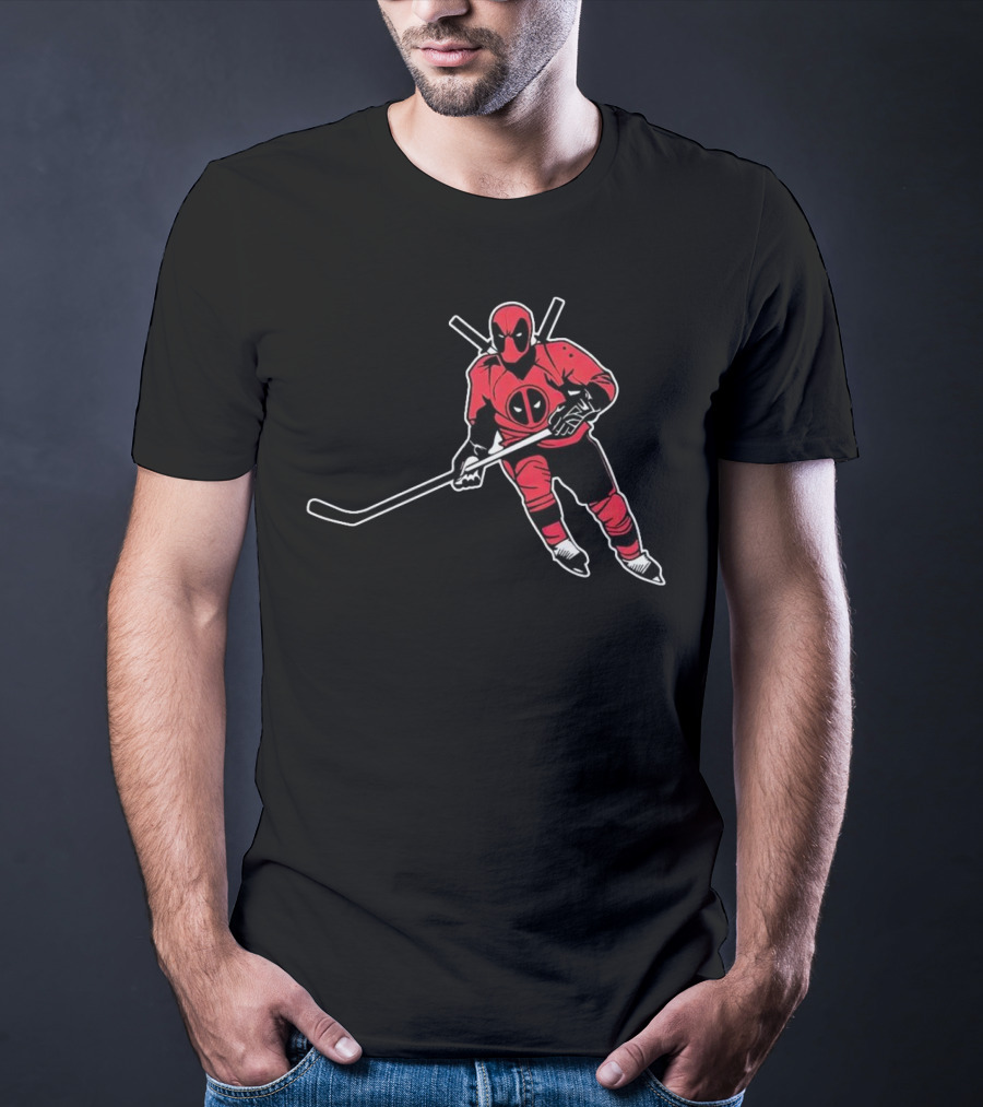 Deadpool Playing Hockey With Iconic Mask And Costume T-Shirt