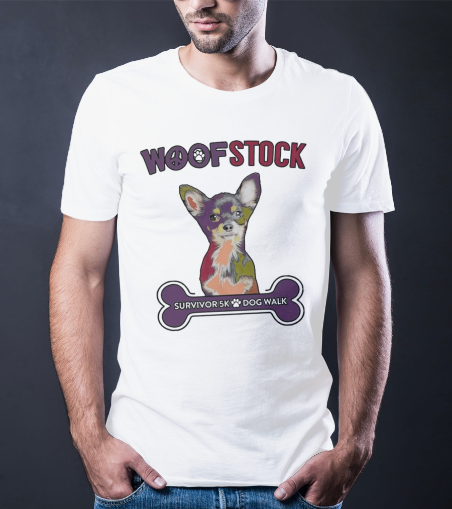 Woof Stock Peace Sign Survivor 5K Dog Walk Colorful Chihuahua Bone T-Shirt