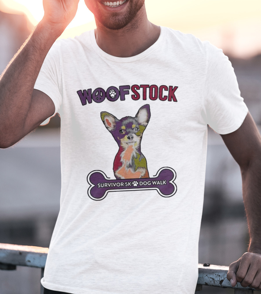 Woof Stock Peace Sign Survivor 5K Dog Walk Colorful Chihuahua Bone T-Shirt