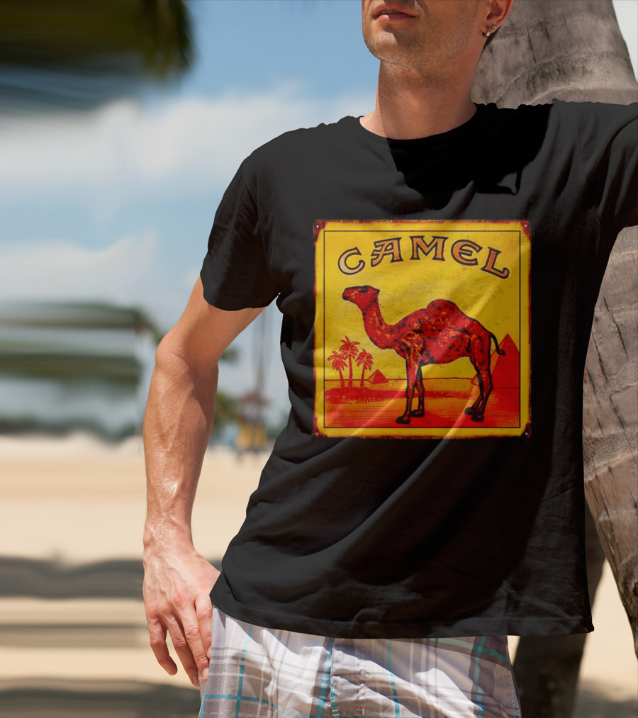 Vintage Camel Cigarettes Logo Yellow Square With Red Camel And Pyramids T-Shirt
