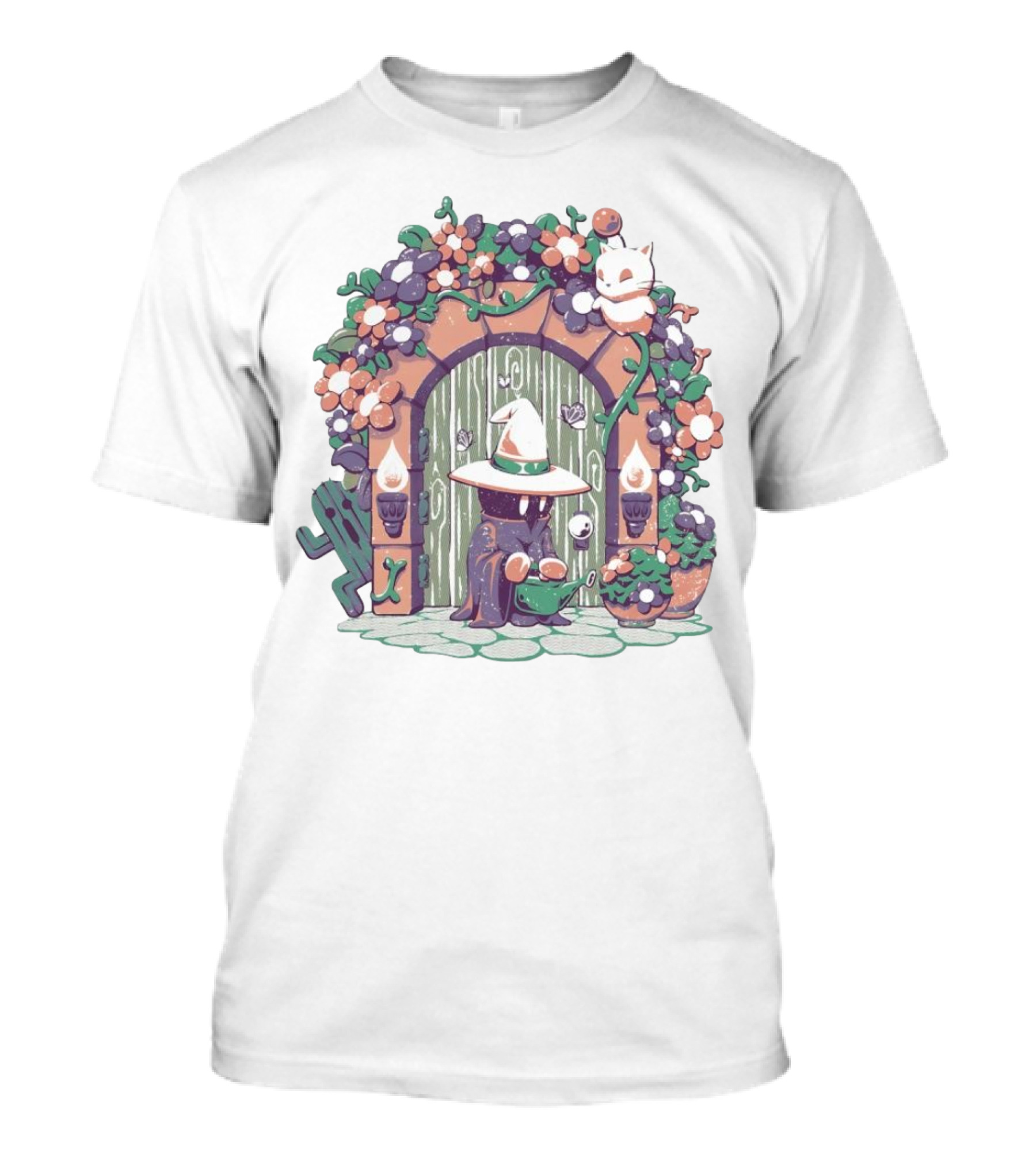 A Gardening Mage And Friends Enchanted Floral Doorway Fantasy Garden Scene T-Shirt