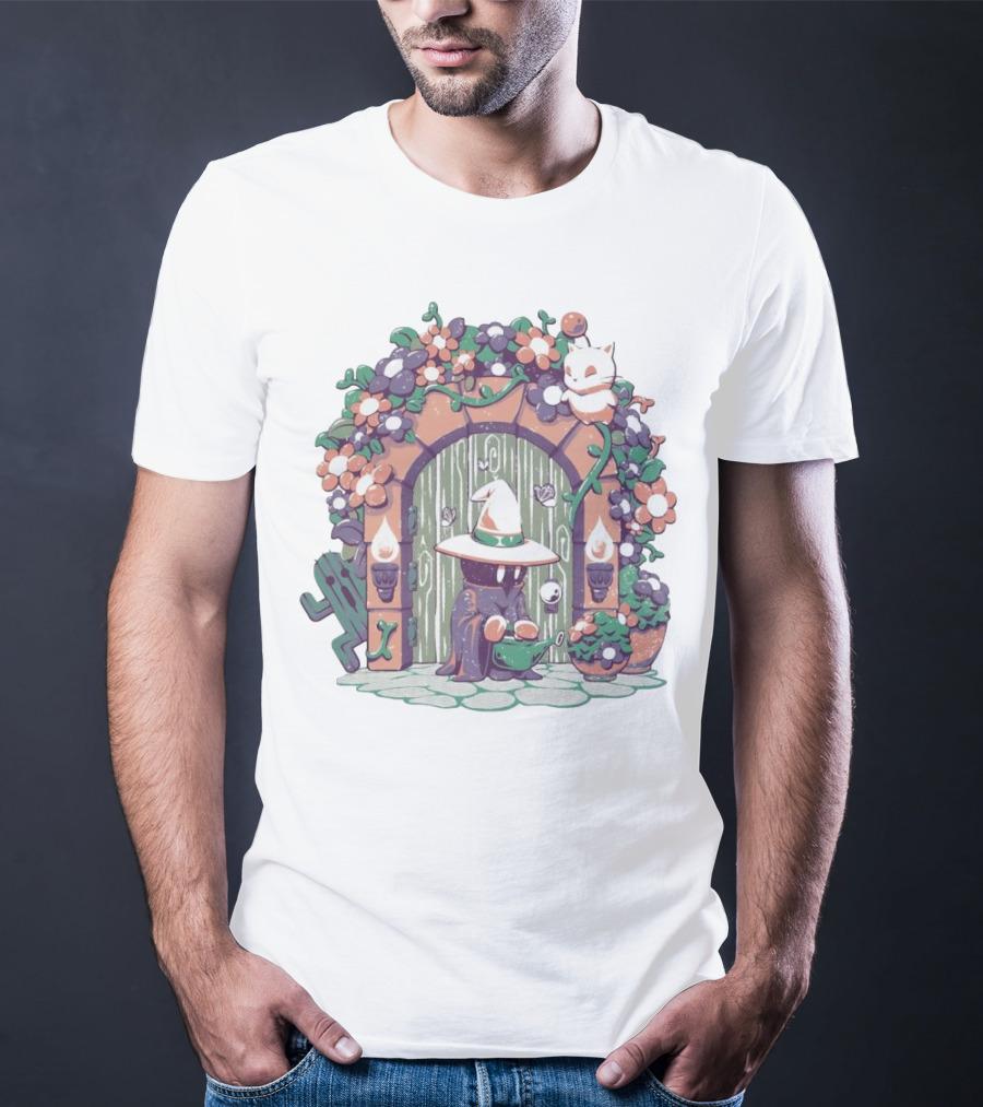 A Gardening Mage And Friends Enchanted Floral Doorway Fantasy Garden Scene T-Shirt