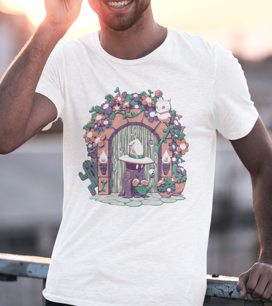 A Gardening Mage And Friends Enchanted Floral Doorway Fantasy Garden Scene T-Shirt