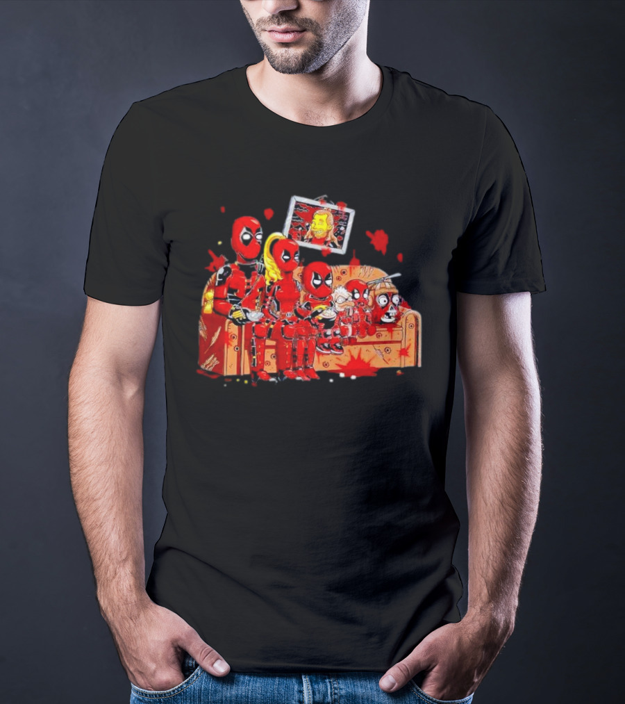Deadpool Characters Sitting On Simpsons Couch With TV Screen T-Shirt