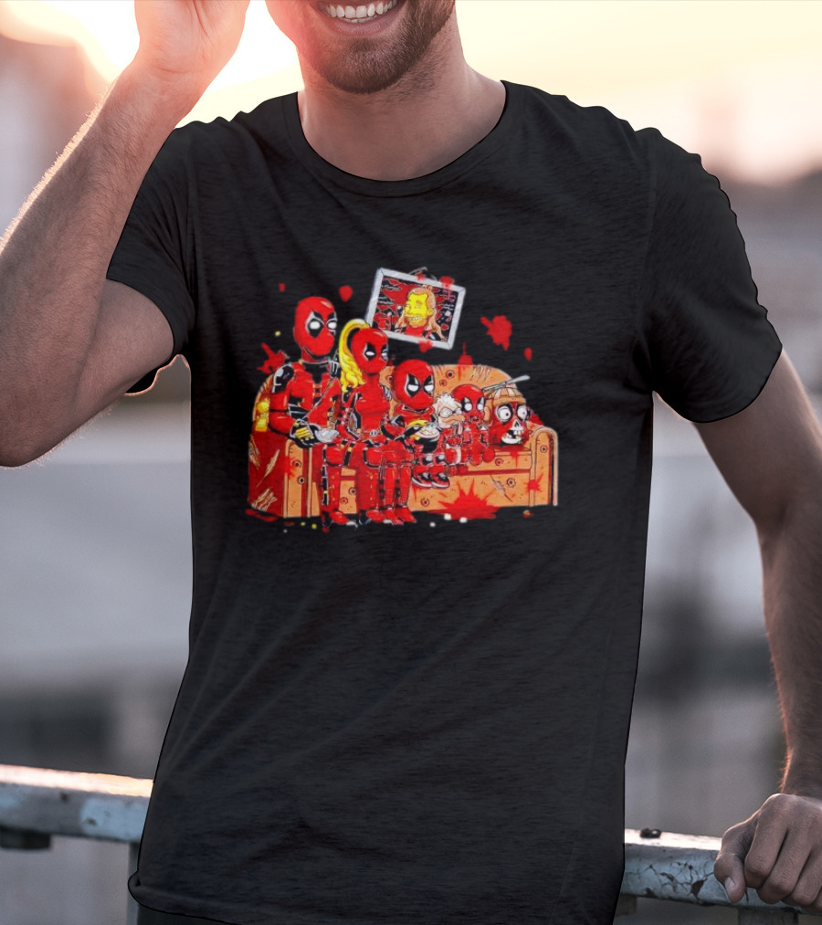 Deadpool Characters Sitting On Simpsons Couch With TV Screen T-Shirt