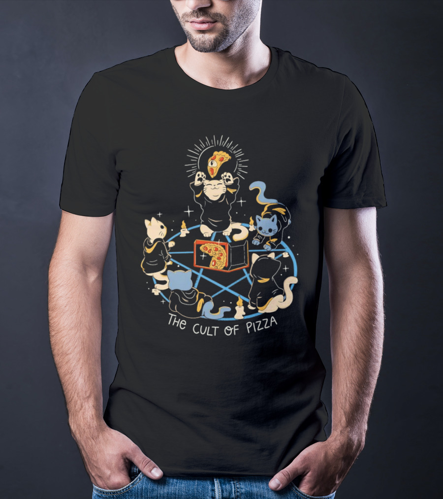 The Cult Of Pizza Cats Summoning Ceremony With Illuminated Slice And Mystical Blue Pentagram T-Shirt