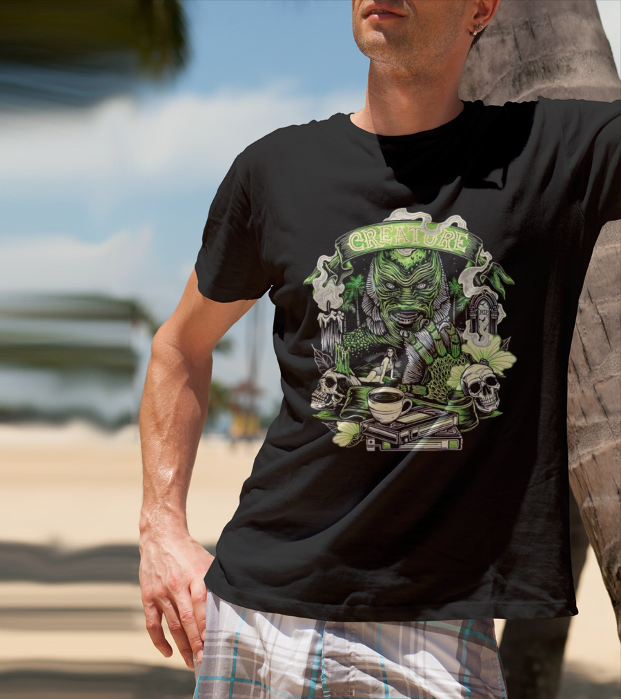 Creature From The Black Lagoon Gill-man Illustrated With Skulls, Books, And Coffee Cup T-Shirt