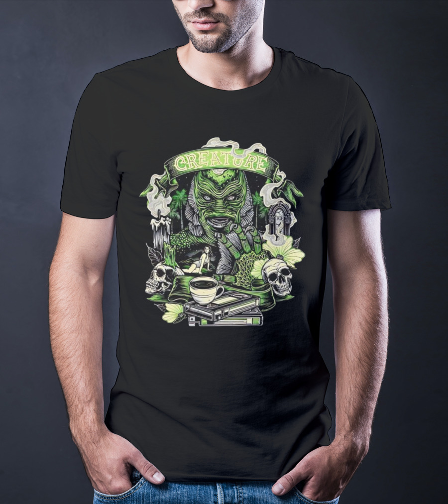Creature From The Black Lagoon Gill-man Illustrated With Skulls, Books, And Coffee Cup T-Shirt