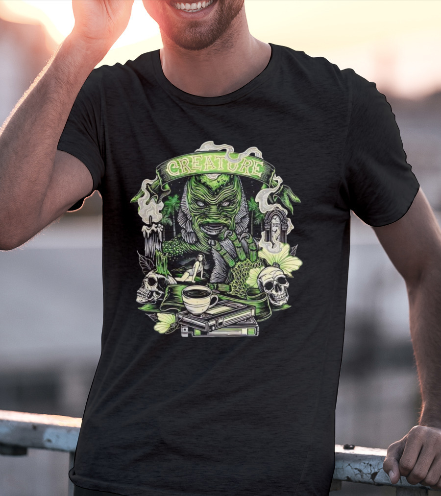 Creature From The Black Lagoon Gill-man Illustrated With Skulls, Books, And Coffee Cup T-Shirt