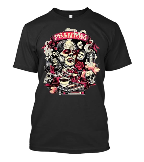 Phantom Of The Opera The Many Faces Of The Phantom With Skulls, Roses, And Coffee Cup T-Shirt