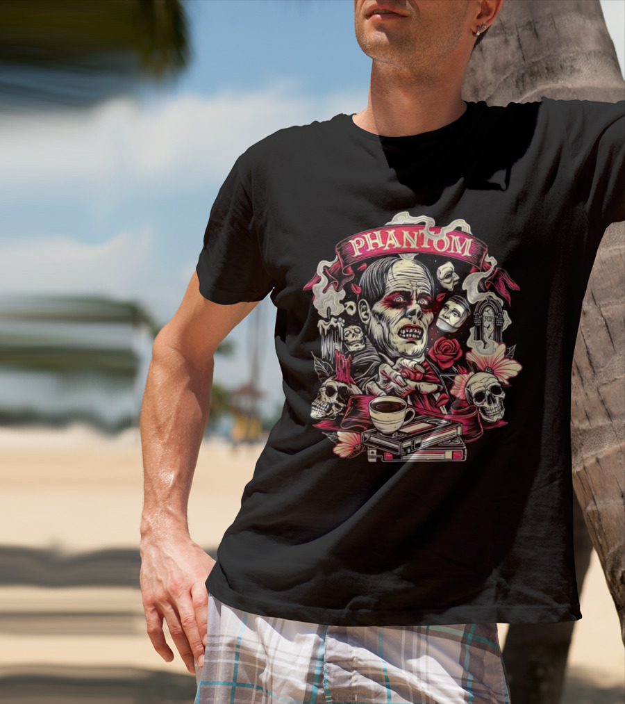 Phantom Of The Opera The Many Faces Of The Phantom With Skulls, Roses, And Coffee Cup T-Shirt