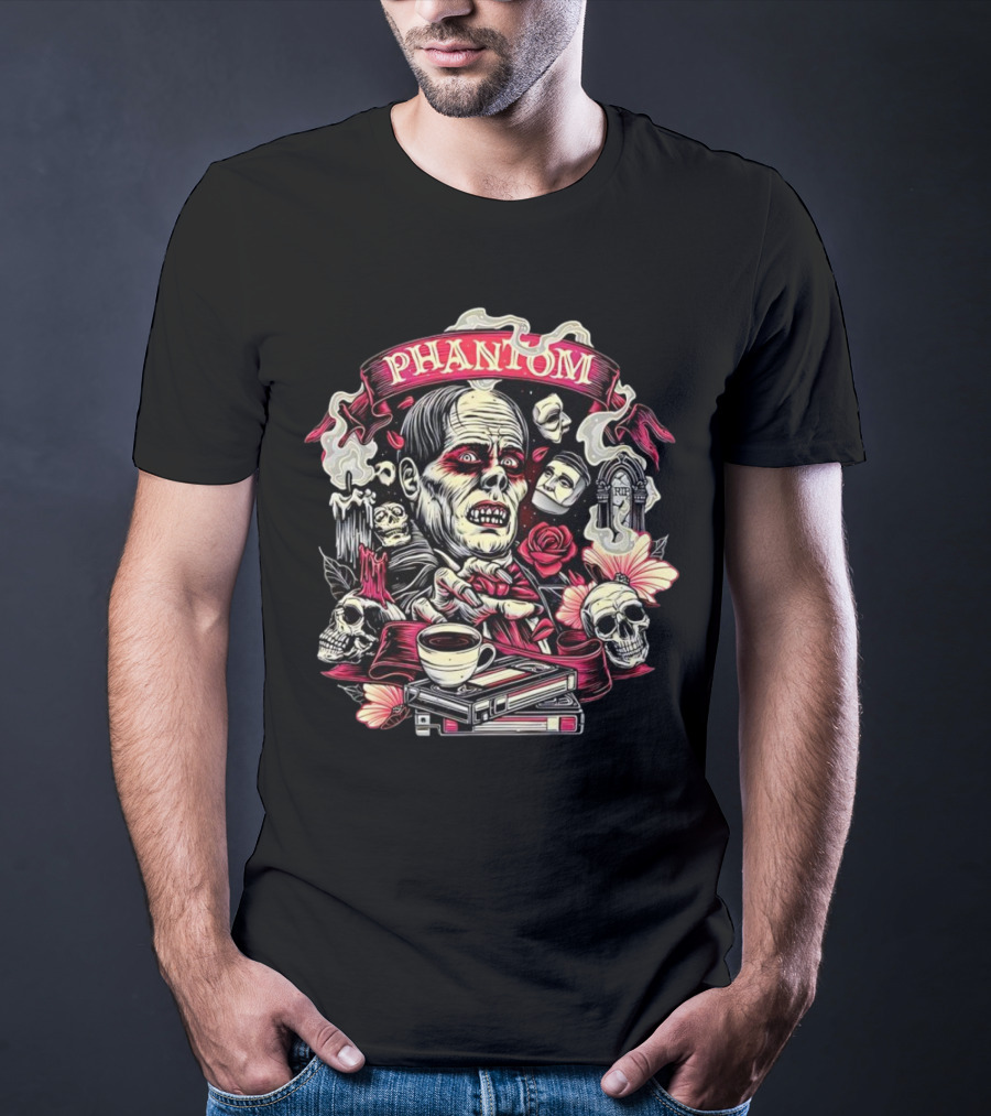 Phantom Of The Opera The Many Faces Of The Phantom With Skulls, Roses, And Coffee Cup T-Shirt