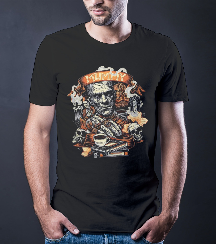 Mummy Vintage Horror Scene With Skulls And Coffee T-Shirt