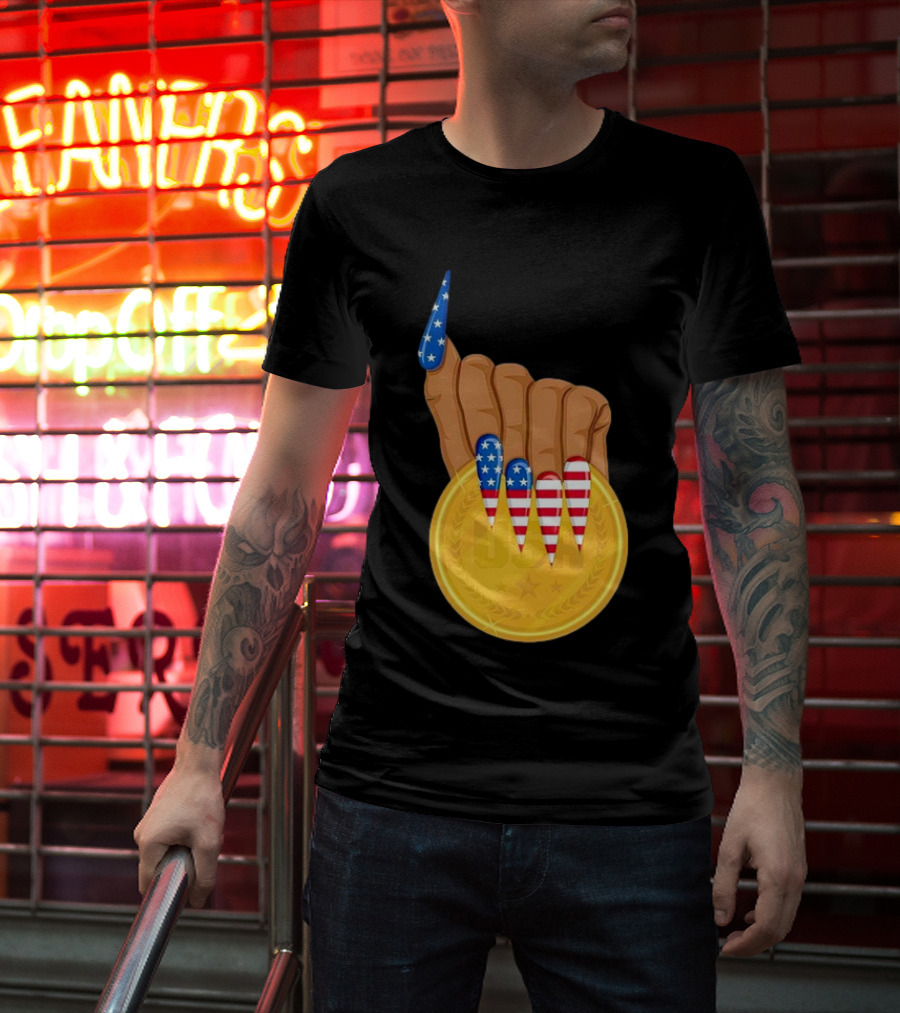 USA Gold Medal Hand With American Flag Nails T-Shirt