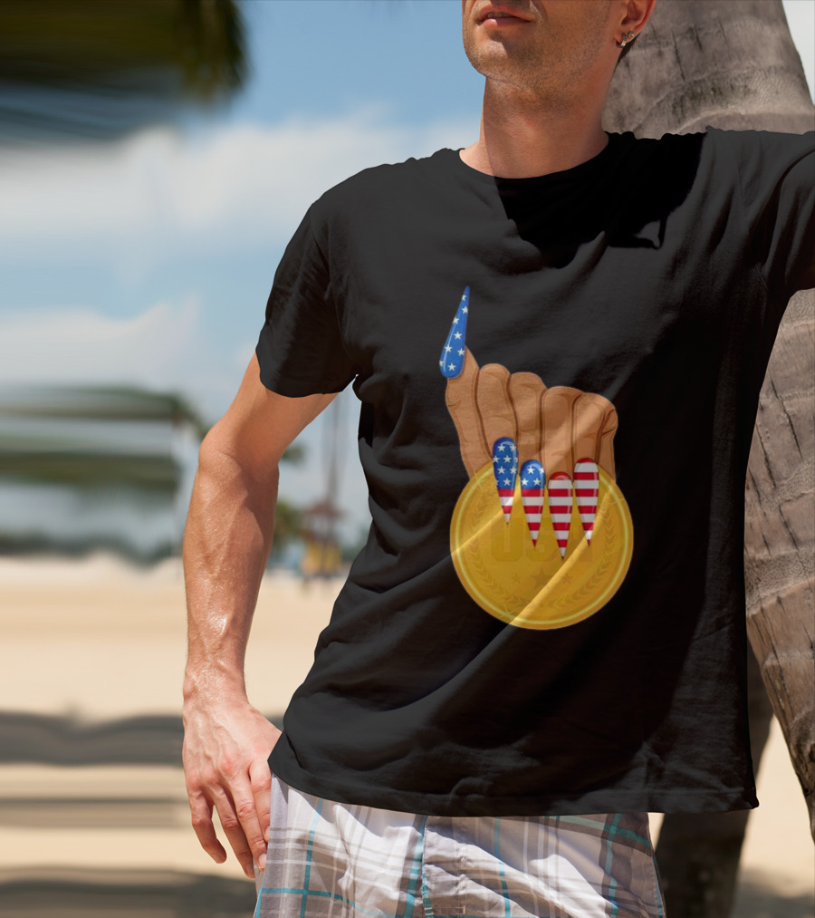 USA Gold Medal Hand With American Flag Nails T-Shirt