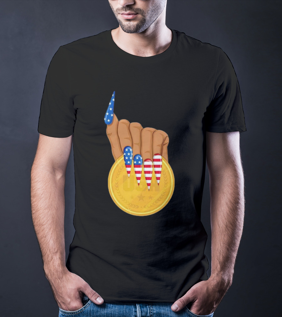 USA Gold Medal Hand With American Flag Nails T-Shirt