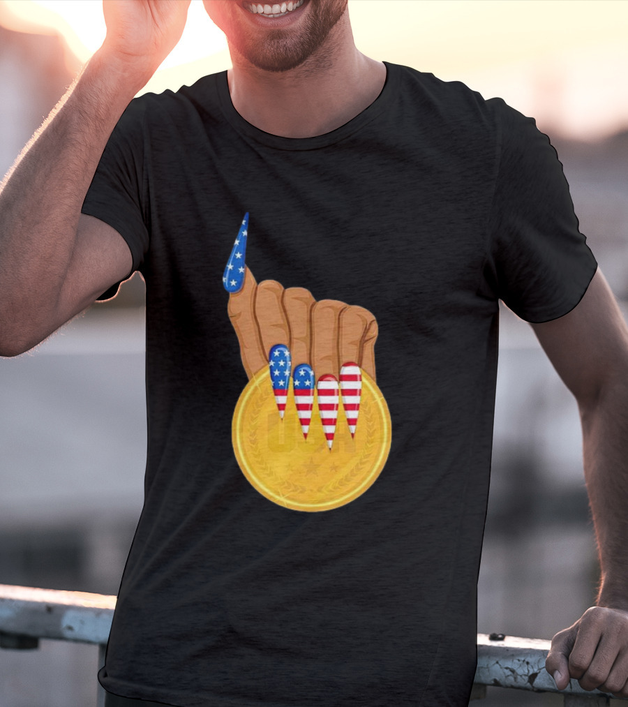 USA Gold Medal Hand With American Flag Nails T-Shirt