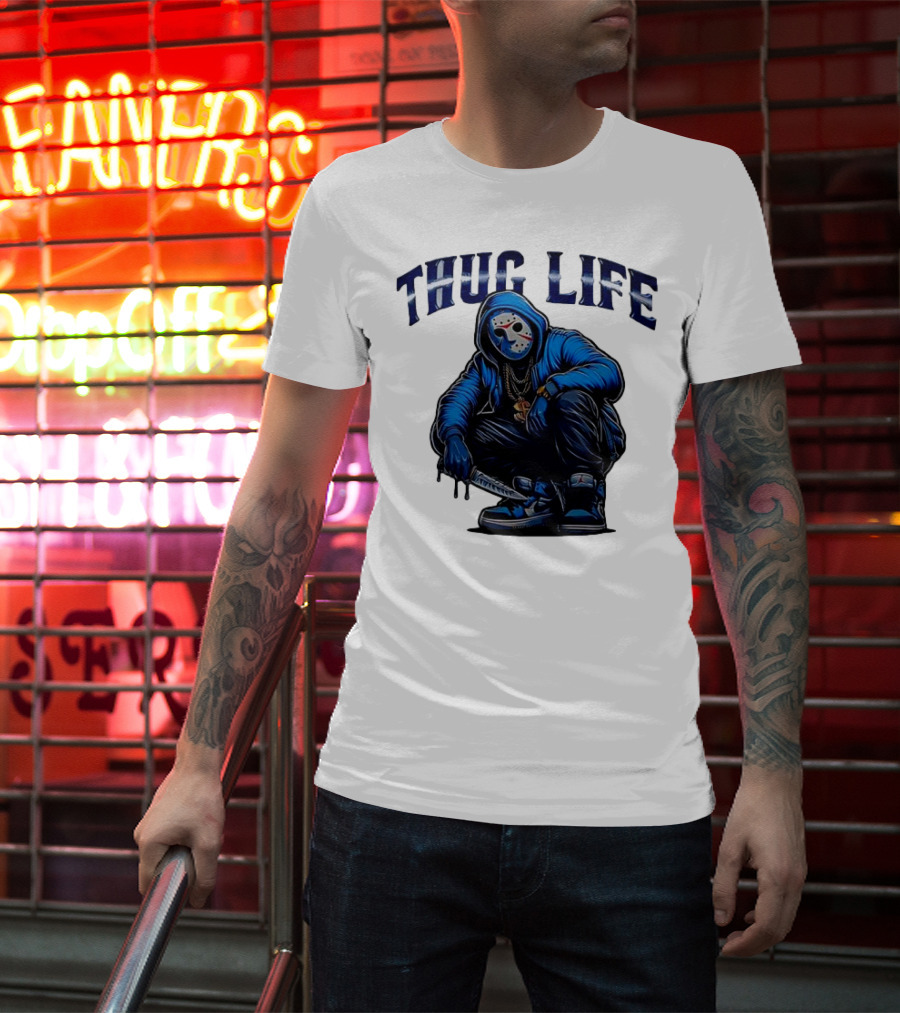 Thug Life Masked Man Sitting With Knife In Blue Hoodie And Sneakers T-Shirt