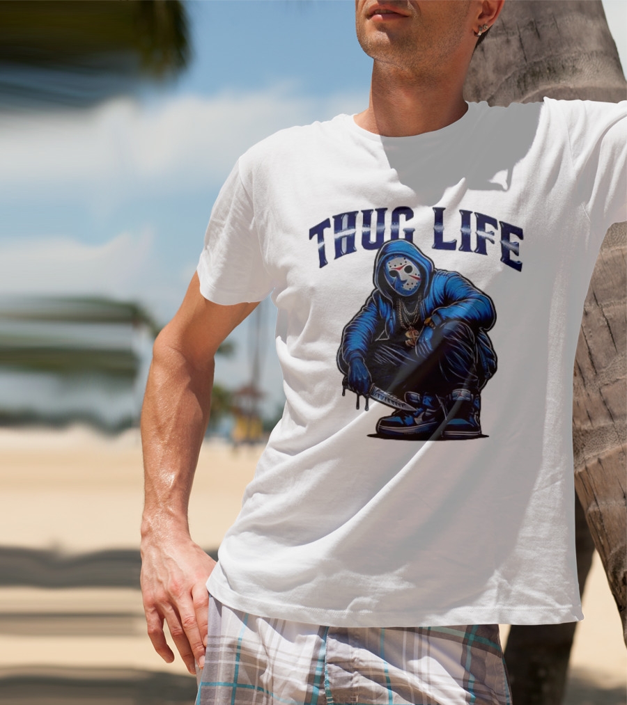 Thug Life Masked Man Sitting With Knife In Blue Hoodie And Sneakers T-Shirt