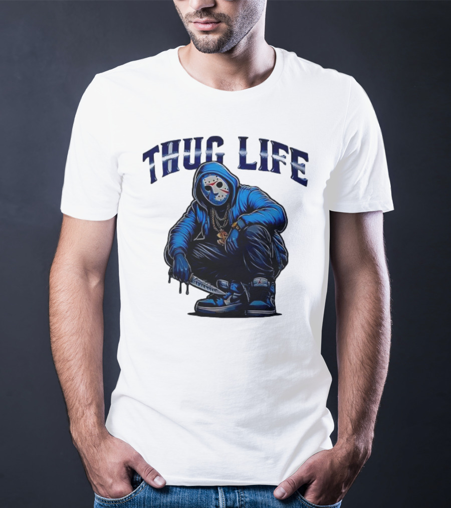 Thug Life Masked Man Sitting With Knife In Blue Hoodie And Sneakers T-Shirt