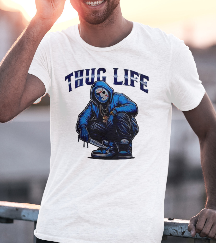 Thug Life Masked Man Sitting With Knife In Blue Hoodie And Sneakers T-Shirt