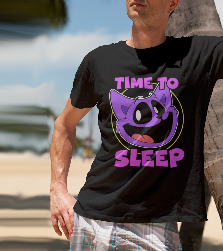 Time To Sleep Purple Cat Cartoon Face T-Shirt