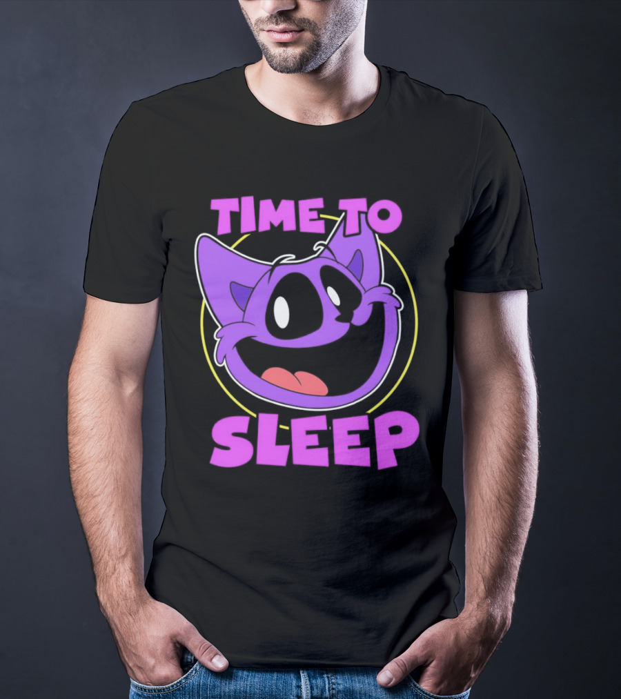Time To Sleep Purple Cat Cartoon Face T-Shirt