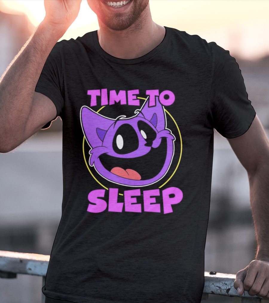 Time To Sleep Purple Cat Cartoon Face T-Shirt