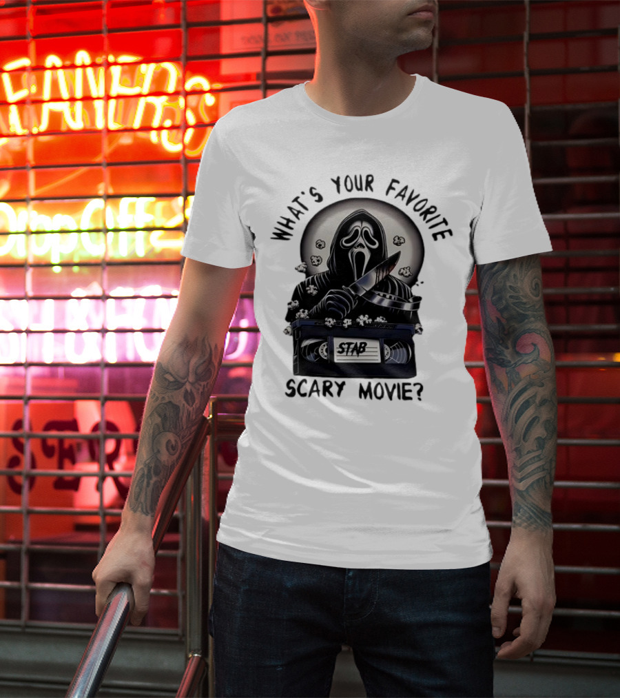 What's Your Favorite Scary Movie Ghostface Stab VHS Popcorn T-Shirt