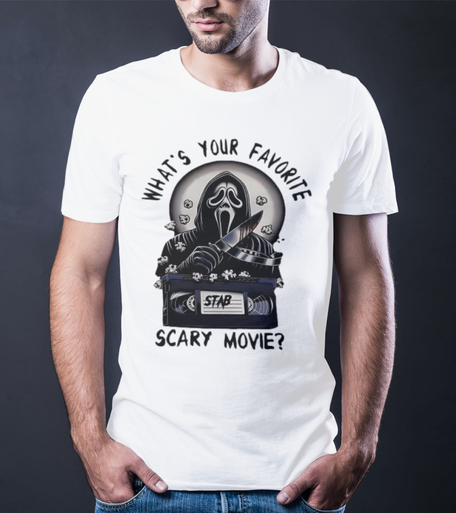 What's Your Favorite Scary Movie Ghostface Stab VHS Popcorn T-Shirt