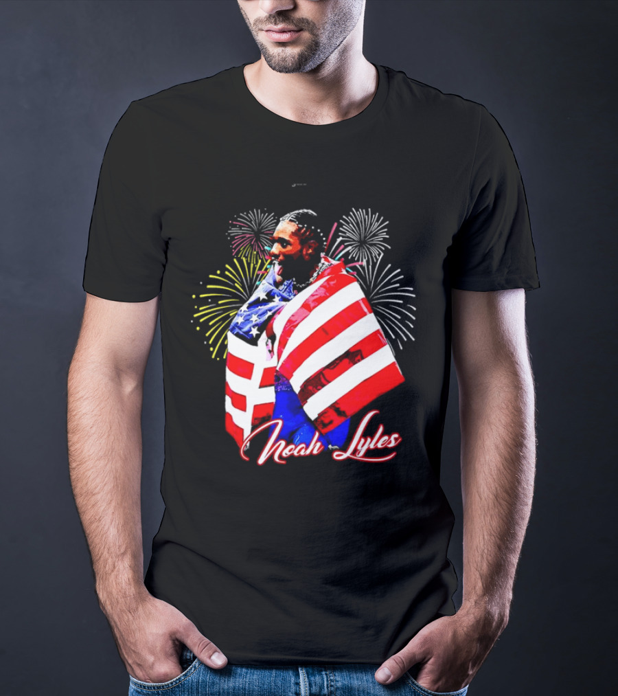 Noah Lyles With American Flag Fireworks T-Shirt