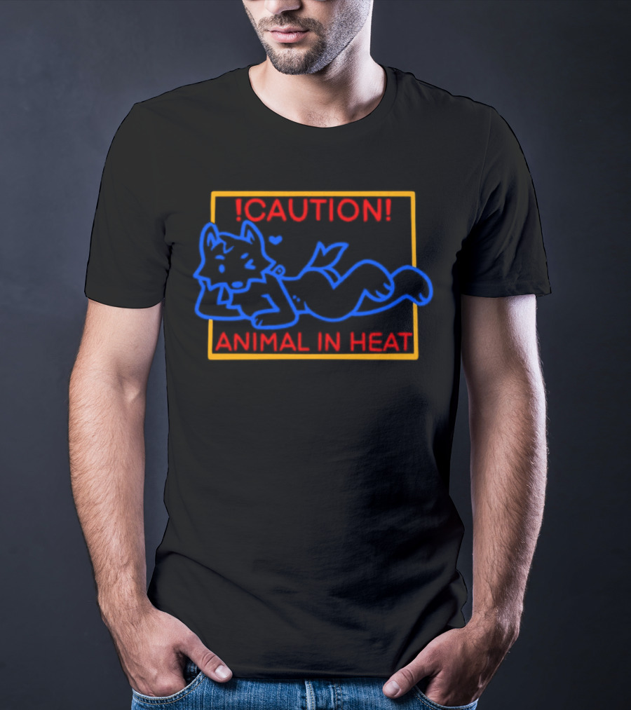 Caution Animal In Heat Neon Sign Playful Fox Character T-Shirt