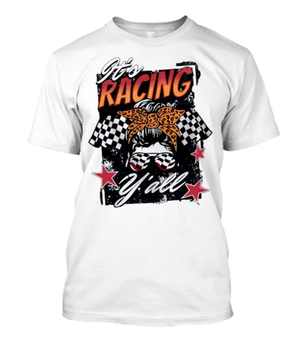 It's Racing Y'all Racing Girl Checkered Flag Leopard Print Bow T-Shirt