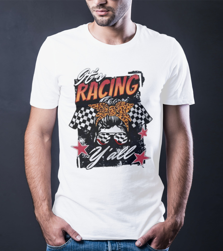 It's Racing Y'all Racing Girl Checkered Flag Leopard Print Bow T-Shirt