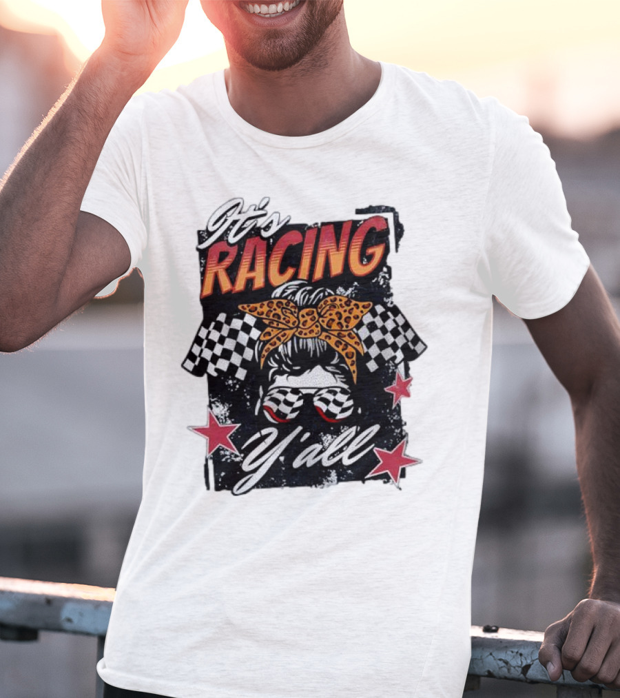 It's Racing Y'all Racing Girl Checkered Flag Leopard Print Bow T-Shirt