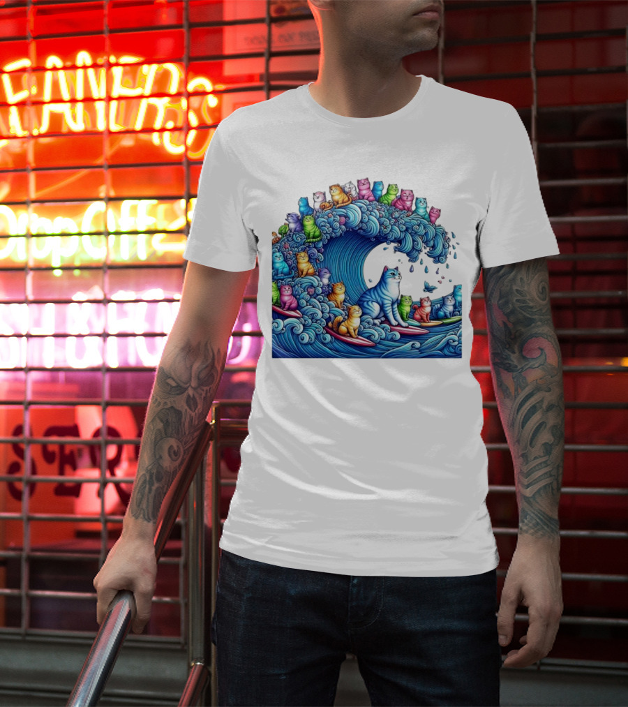 Cats Surfing In A Colorful Wave Bringing Joy T-Shirt