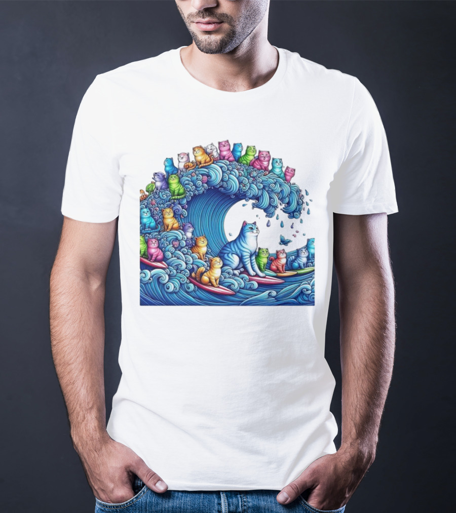 Cats Surfing In A Colorful Wave Bringing Joy T-Shirt