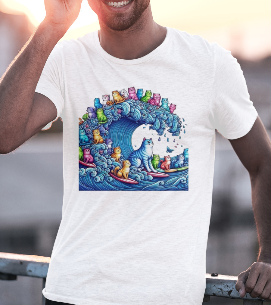 Cats Surfing In A Colorful Wave Bringing Joy T-Shirt