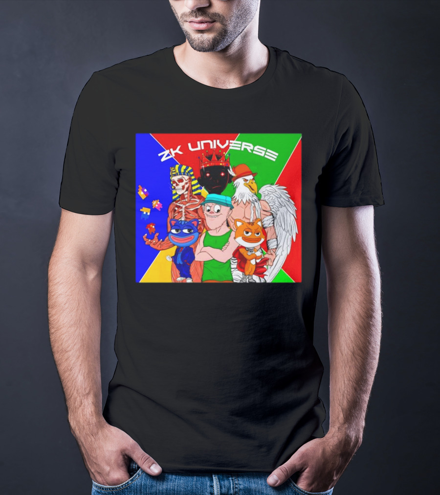 ZK Universe Colorful Characters With Pharaoh Skeleton, Crowned Figure, And Winged Eagle T-Shirt