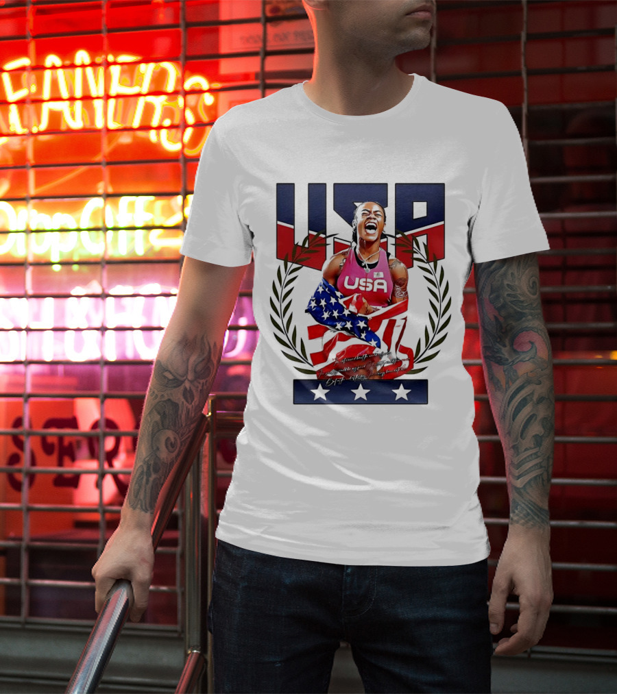 USA Sha’Carri Richardson Gold Medal Celebration American Flag T-Shirt