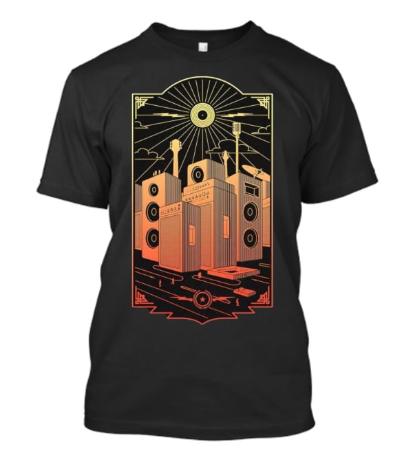 Sound City Amplifier Cityscape With Musical Instruments And Sunburst T-Shirt