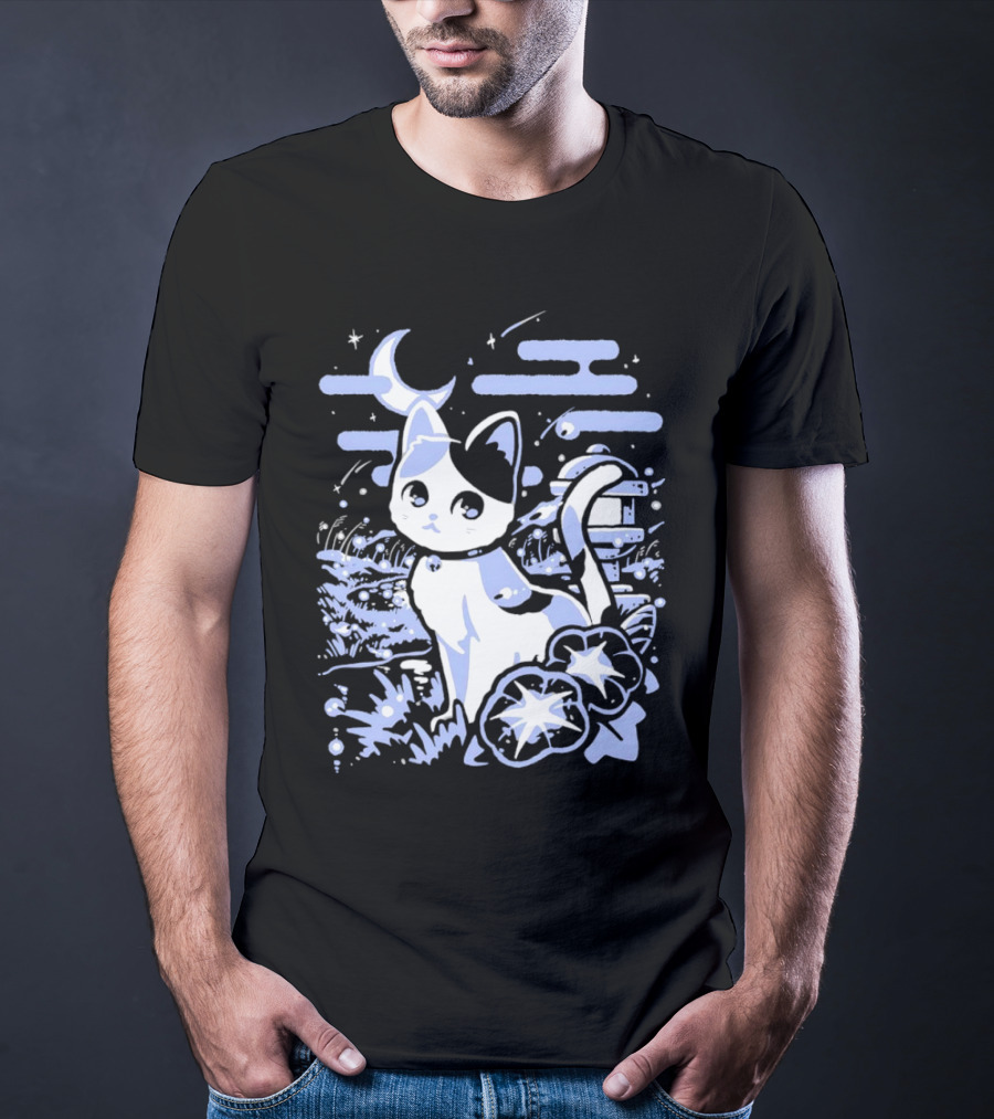 A Cat Amidst Moonlit Fireflies And Stars T-Shirt