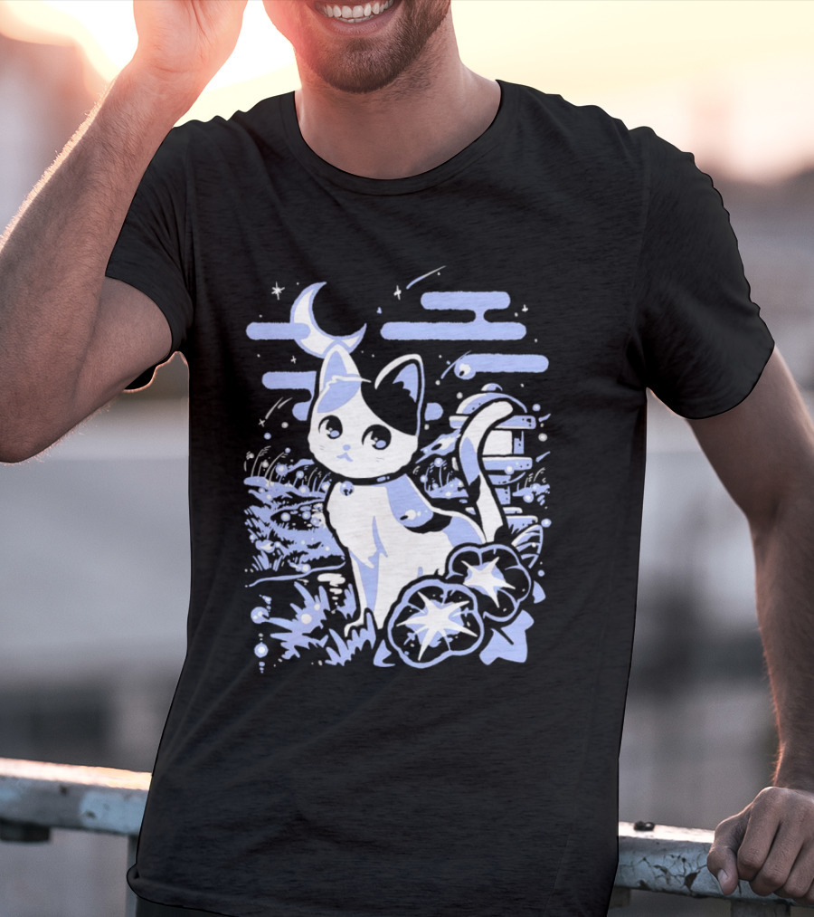 A Cat Amidst Moonlit Fireflies And Stars T-Shirt