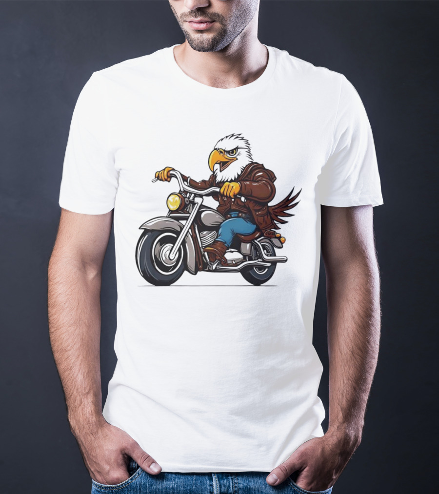 Eagle Riding Motorcycle In Brown Jacket And Blue Jeans T-Shirt