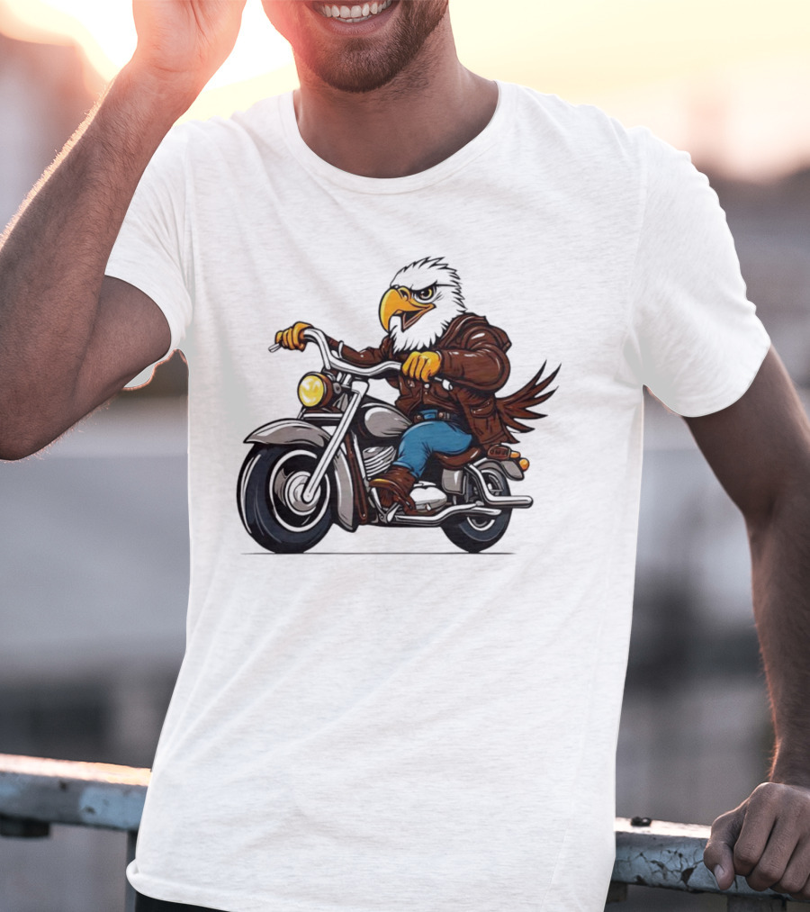 Eagle Riding Motorcycle In Brown Jacket And Blue Jeans T-Shirt