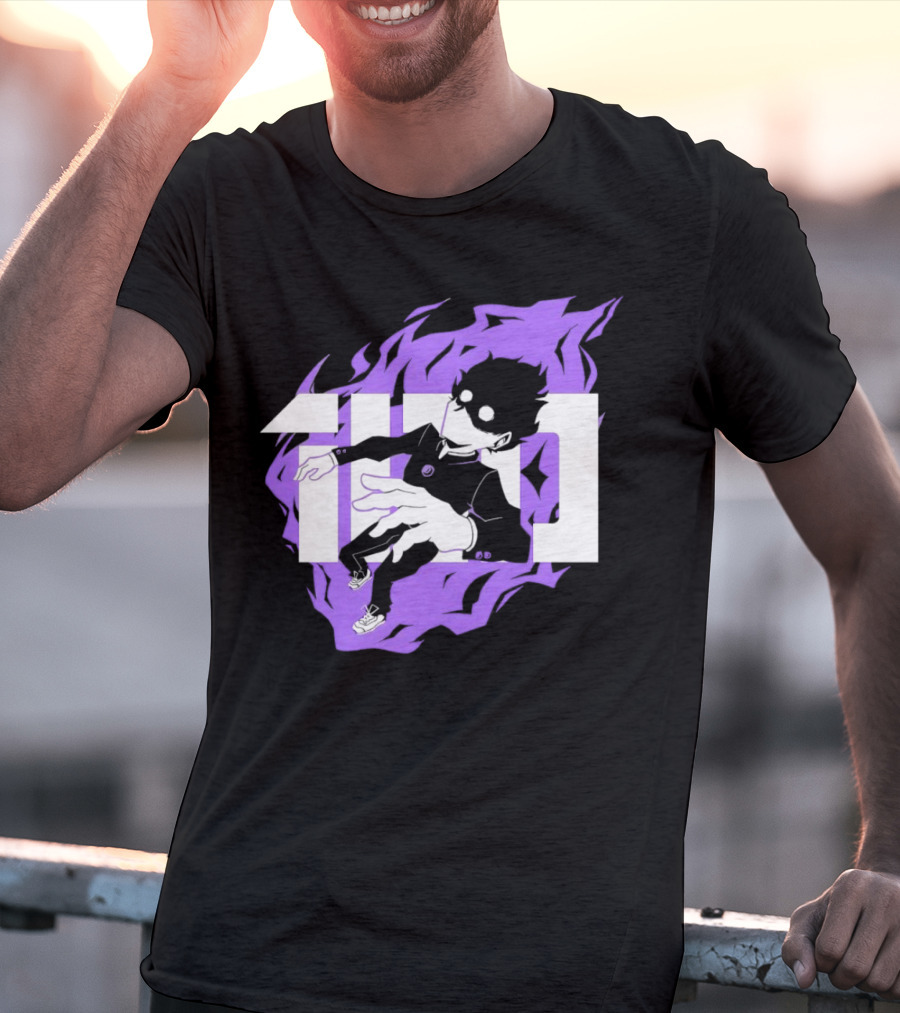 Mob Psycho 100 Psyched Out Character With Purple Aura And Bold Typography T-Shirt