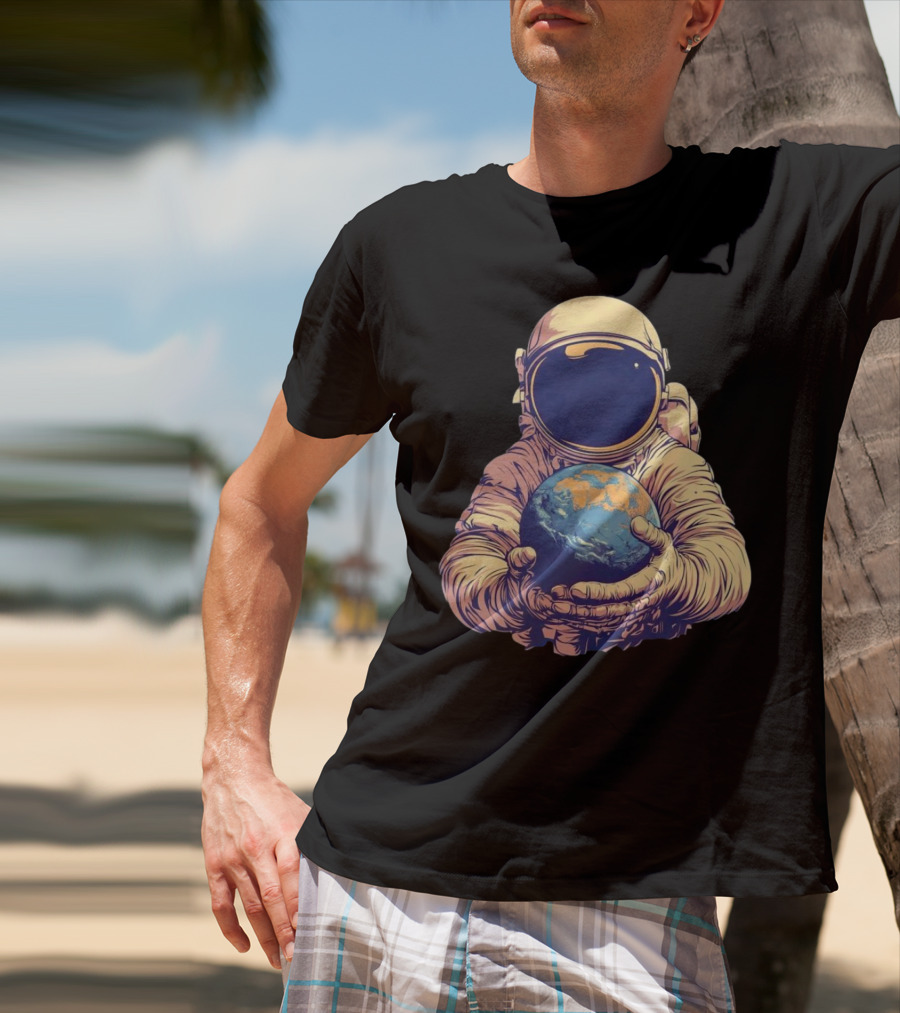 Astronaut Embracing Planet Earth Cosmic Guardians Of Home T-Shirt