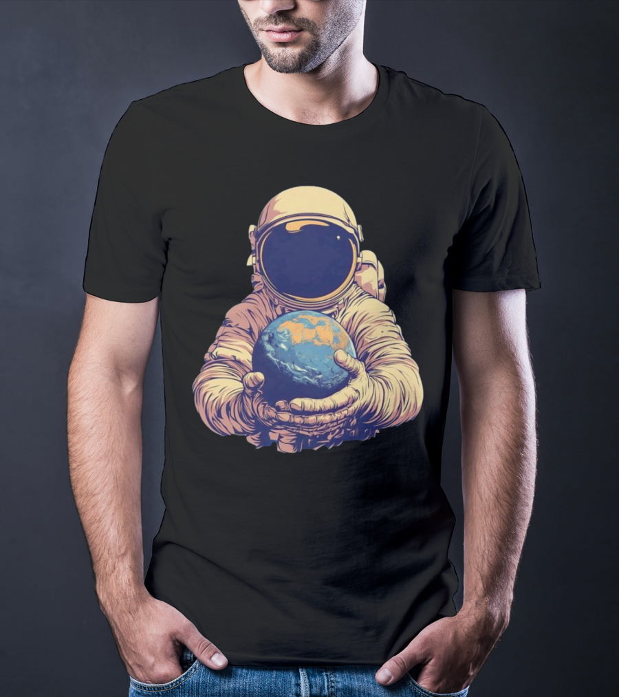 Astronaut Embracing Planet Earth Cosmic Guardians Of Home T-Shirt